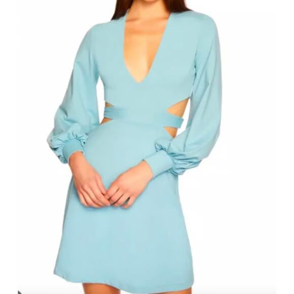 Susana Monaco Cut Out Long Sleeve Deep V-Neck Mini Dress In Waterfall Medium New - Picture 1 of 13